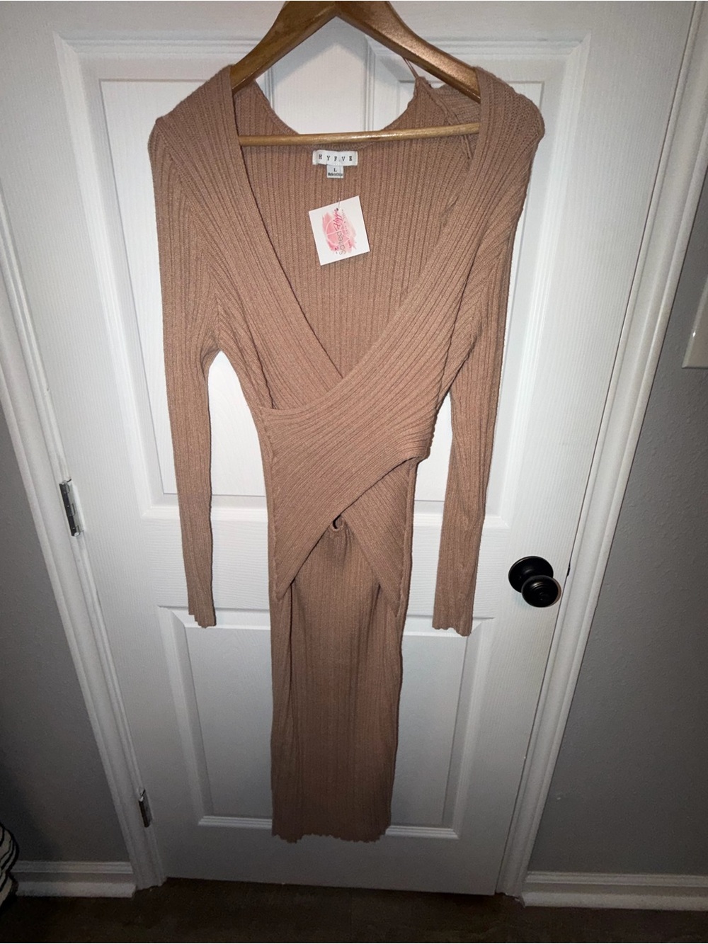 HYFVE Long Sleeve Ribbed Wrap Midi Dress in Taupe